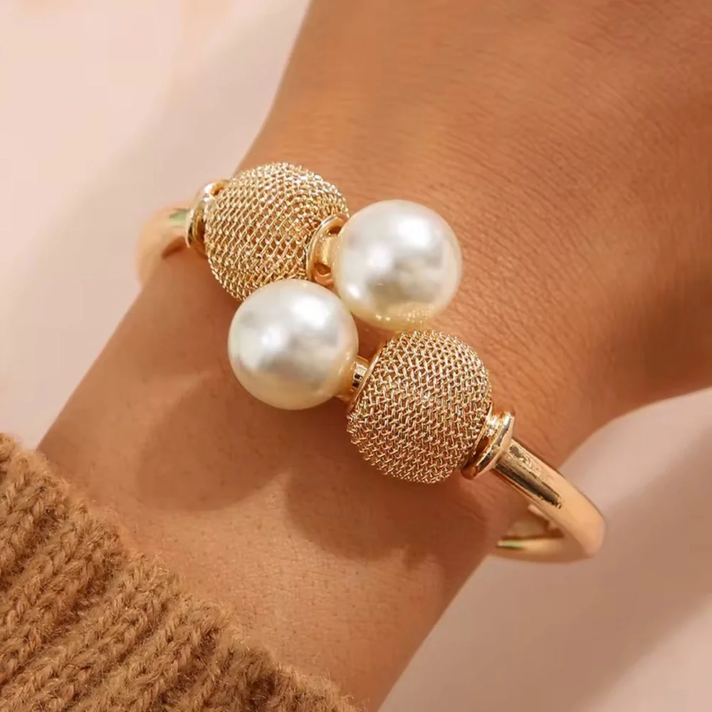 Vintage Geometric Gold Open Bangle with Pearl Ball Statement Bracelet